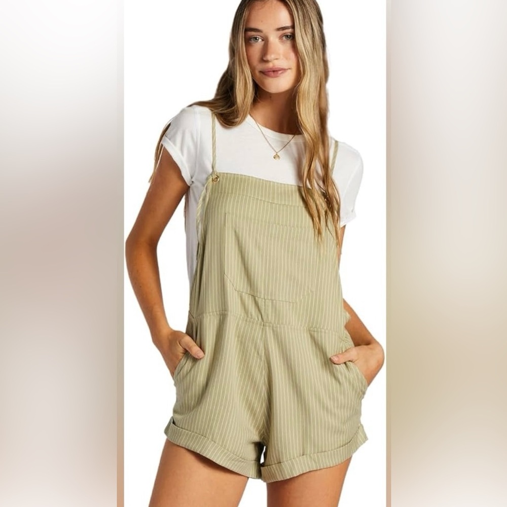 Billabong Olive Green Striped Short Overalls Romper